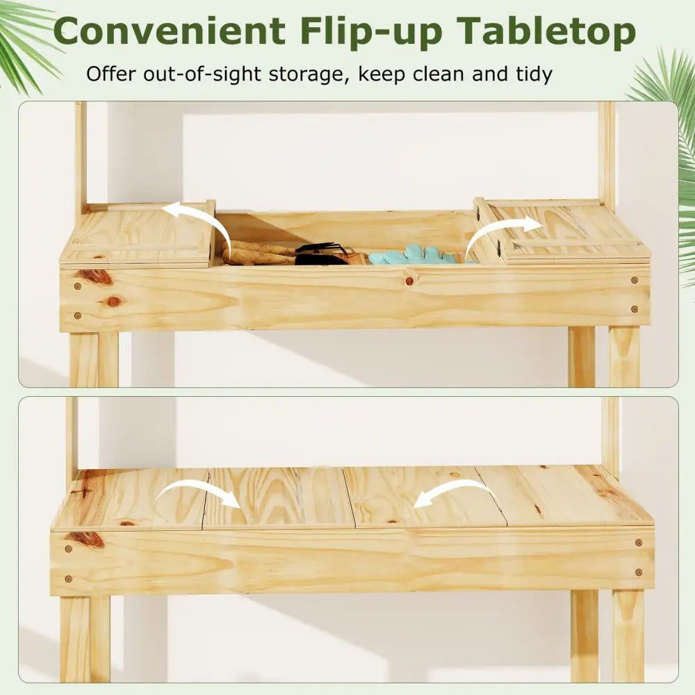 Wooden Potting Bench Table Garden Planting Workstation with 3-Tier Open Shelf-Natural - Natural - Potting Benches &