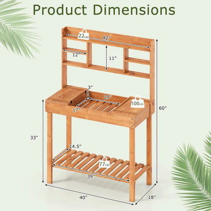 Wooden Potting Bench Table Garden Planting Workstation with 3-Tier Open Shelf-Brown - Brown - Potting Benches & Tables
