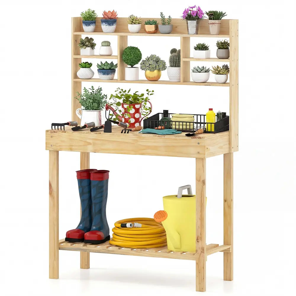 Wooden Potting Bench Table Garden Planting Workstation with 3-Tier Open Shelf-Natural - Natural - Potting Benches &