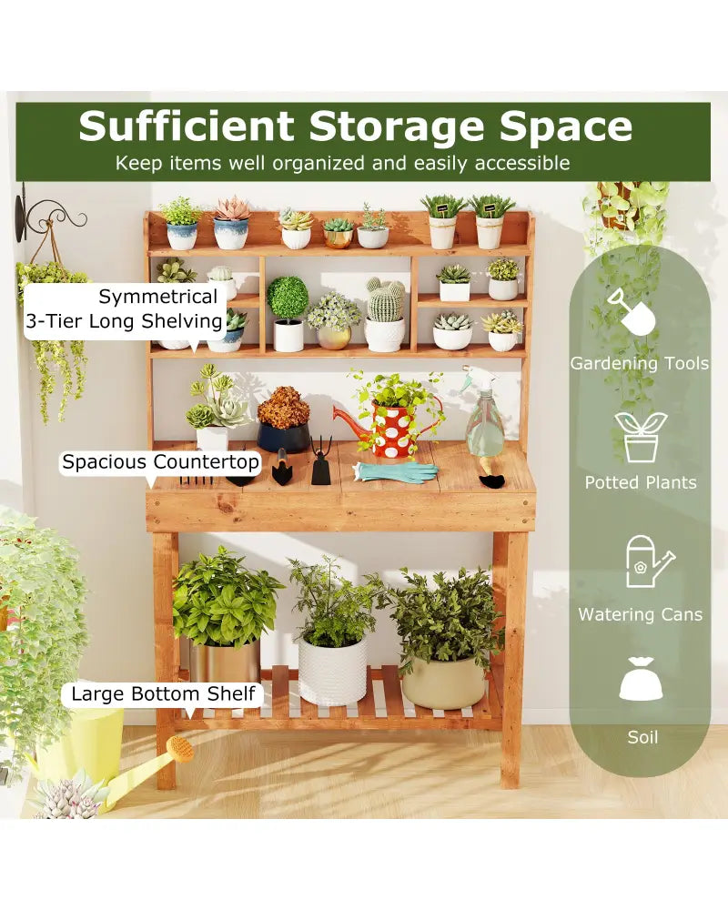 Wooden Potting Bench Table Garden Planting Workstation with 3-Tier Open Shelf-Brown - Brown - Potting Benches & Tables