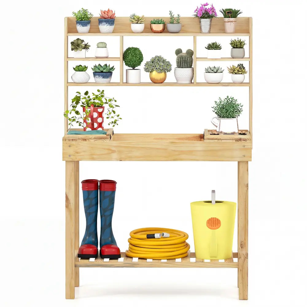 Wooden Potting Bench Table Garden Planting Workstation with 3-Tier Open Shelf-Natural - Natural - Potting Benches &