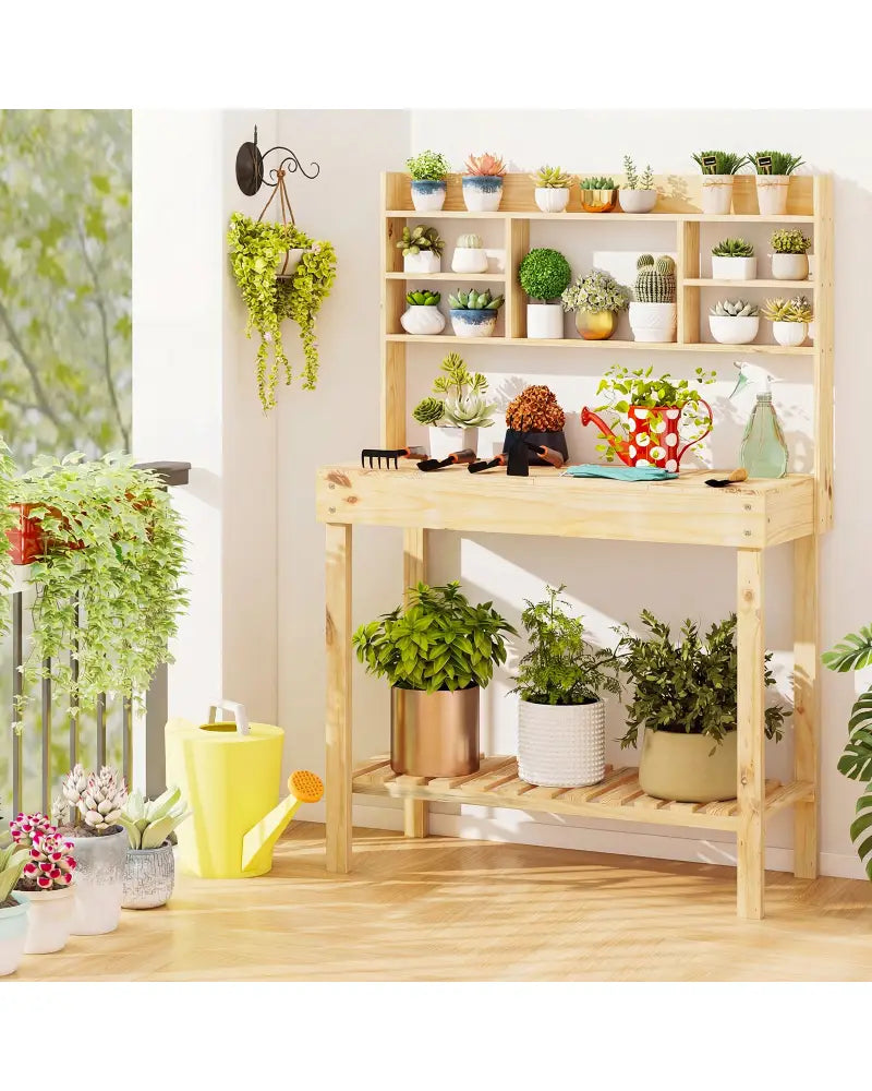 Wooden Potting Bench Table Garden Planting Workstation with 3-Tier Open Shelf-Natural - Natural - Potting Benches &