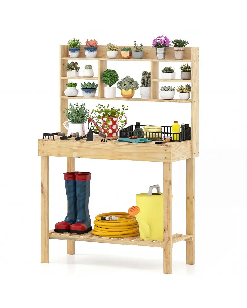 Wooden Potting Bench Table Garden Planting Workstation with 3-Tier Open Shelf-Natural - Natural - Potting Benches &