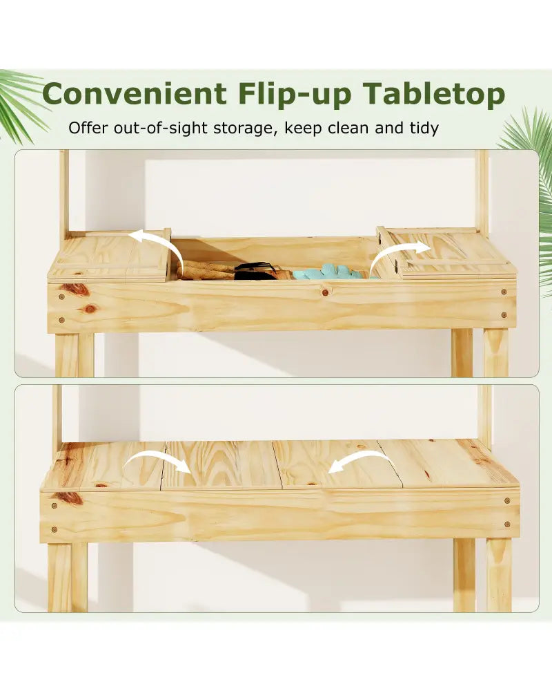Wooden Potting Bench Table Garden Planting Workstation with 3-Tier Open Shelf-Natural - Natural - Potting Benches &