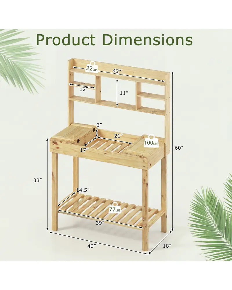 Wooden Potting Bench Table Garden Planting Workstation with 3-Tier Open Shelf-Natural - Natural - Potting Benches &