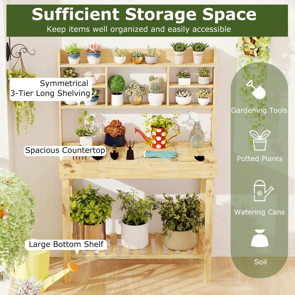 Wooden Potting Bench Table Garden Planting Workstation with 3-Tier Open Shelf-Natural - Natural - Potting Benches &