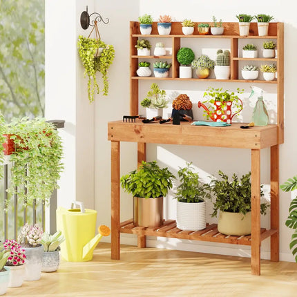 Wooden Potting Bench Table Garden Planting Workstation with 3-Tier Open Shelf-Brown - Brown - Potting Benches & Tables