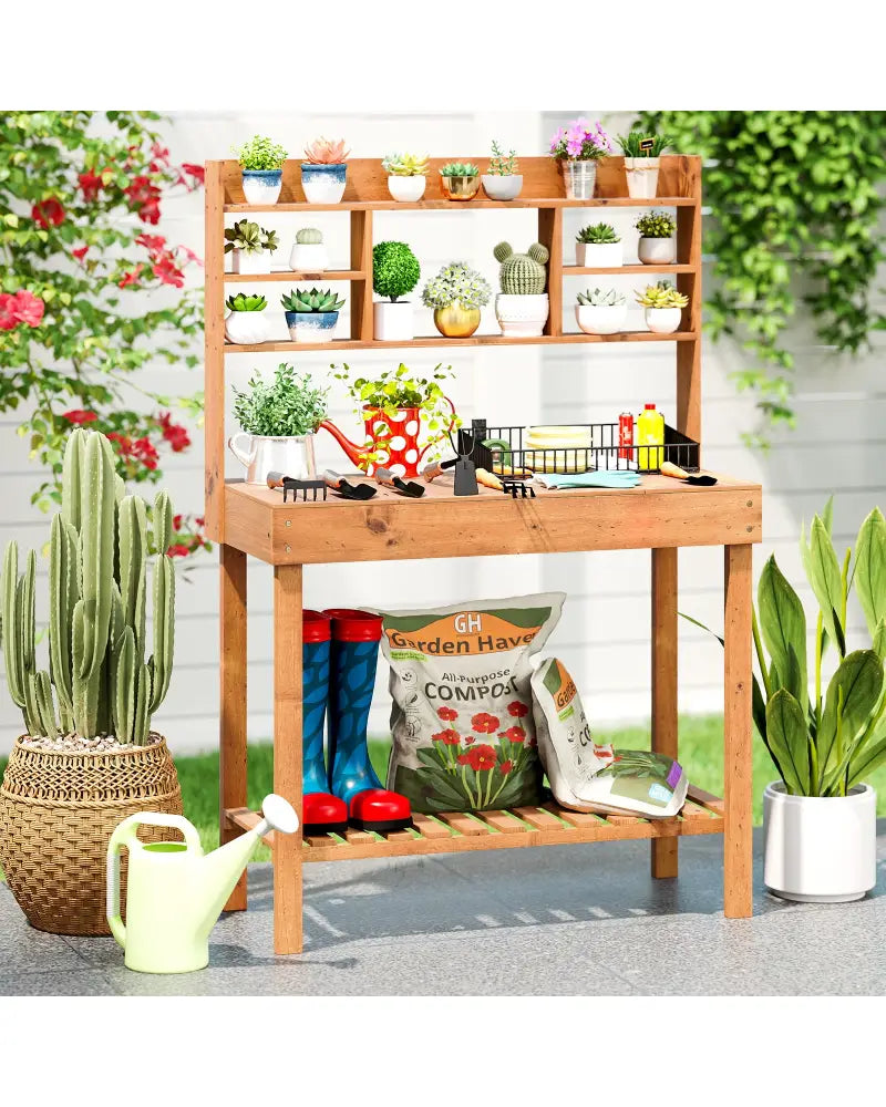 Wooden Potting Bench Table Garden Planting Workstation with 3-Tier Open Shelf-Brown - Brown - Potting Benches & Tables