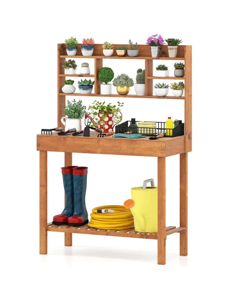 Wooden Potting Bench Table Garden Planting Workstation with 3-Tier Open Shelf-Brown - Brown - Potting Benches & Tables