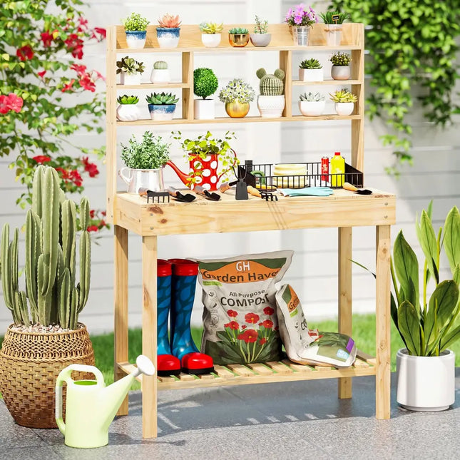 Wooden Potting Bench Table Garden Planting Workstation with 3-Tier Open Shelf-Natural - Natural - Potting Benches &