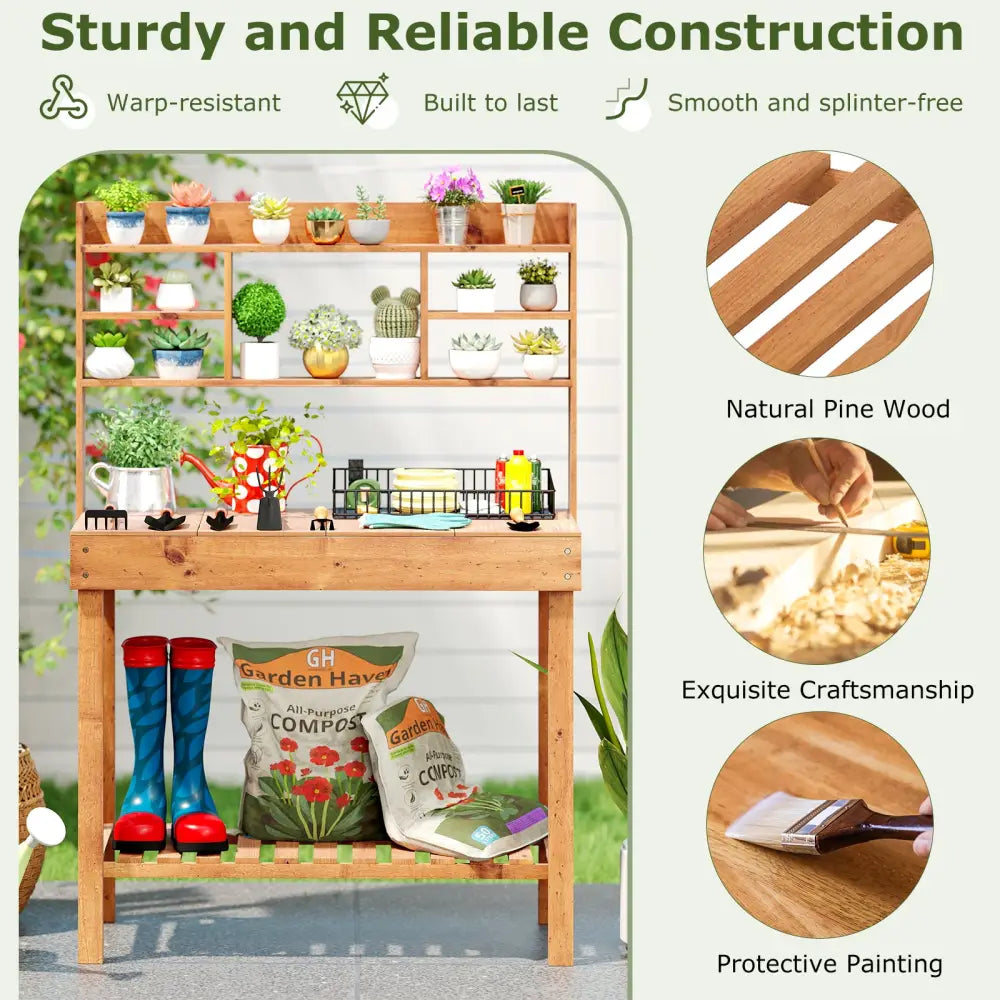 Wooden Potting Bench Table Garden Planting Workstation with 3-Tier Open Shelf-Brown - Brown - Potting Benches & Tables