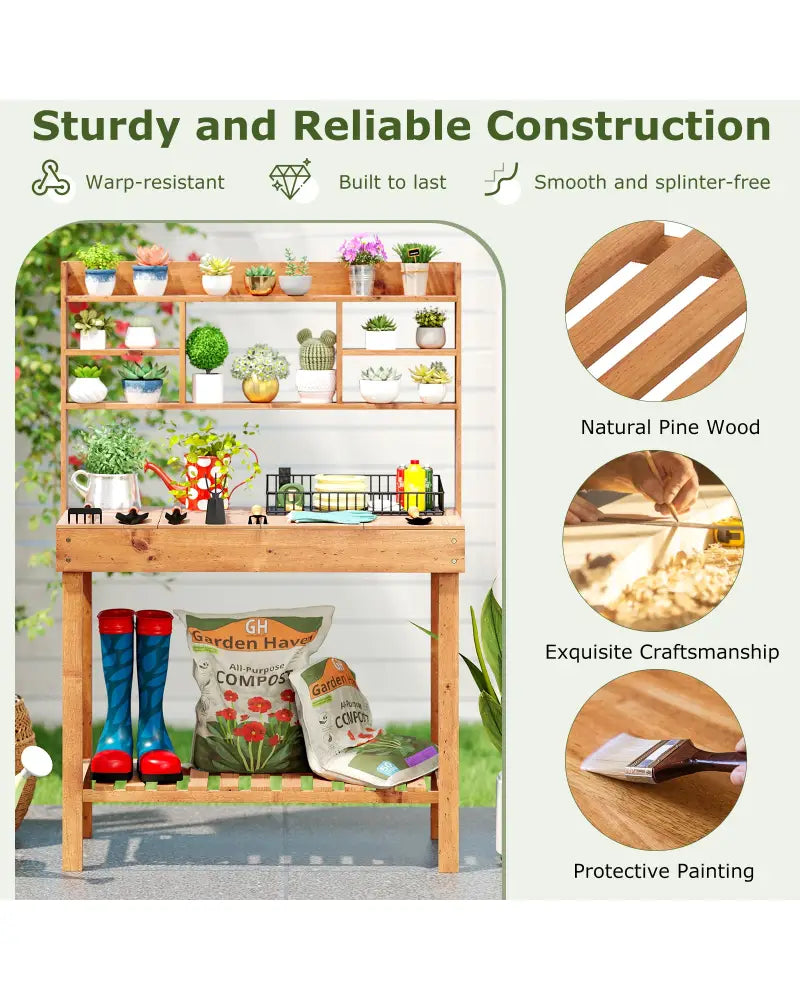 Wooden Potting Bench Table Garden Planting Workstation with 3-Tier Open Shelf-Brown - Brown - Potting Benches & Tables