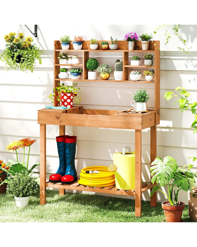 Wooden Potting Bench Table Garden Planting Workstation with 3-Tier Open Shelf-Brown - Brown - Potting Benches & Tables