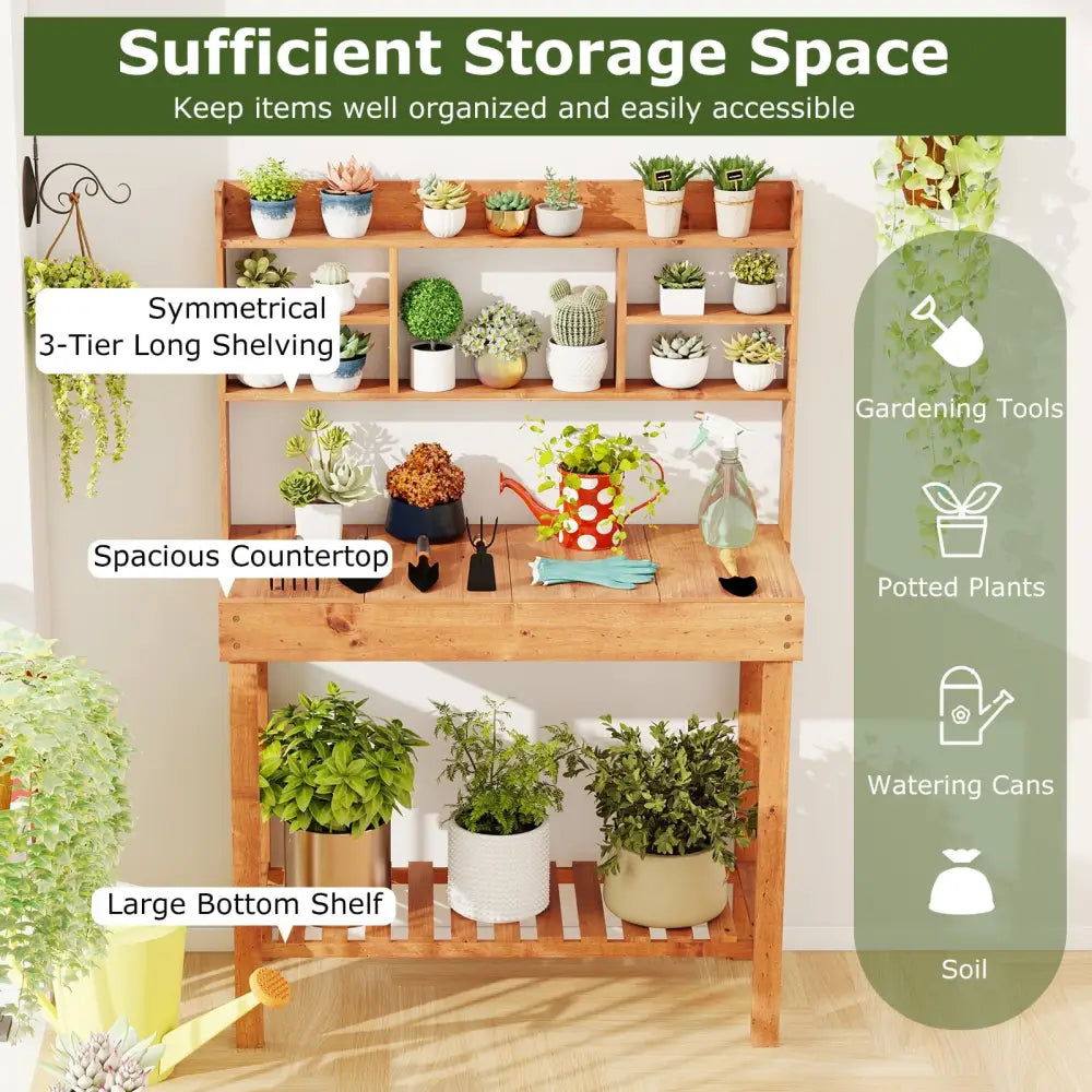 Wooden Potting Bench Table Garden Planting Workstation with 3-Tier Open Shelf-Brown - Brown - Potting Benches & Tables