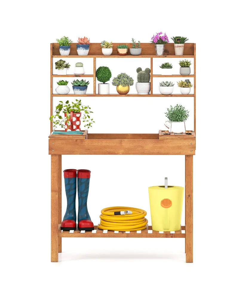 Wooden Potting Bench Table Garden Planting Workstation with 3-Tier Open Shelf-Brown - Brown - Potting Benches & Tables