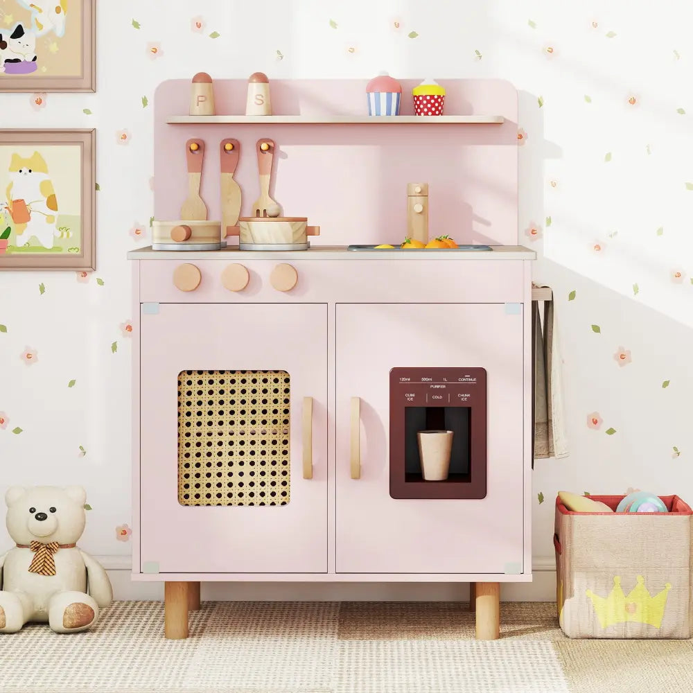 Wooden Pretend Kitchen Playset with Realistic Ice Maker-Pink - Pink - Play Kitchen Sets