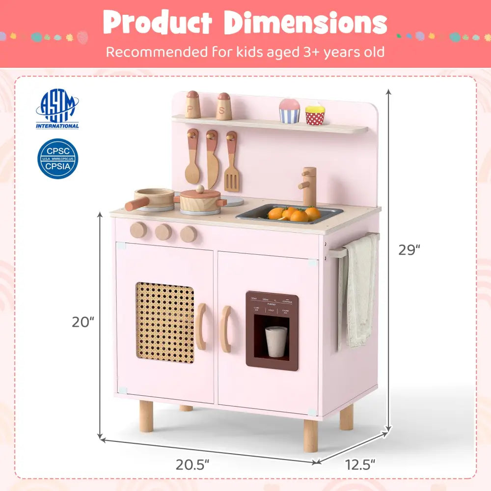 Wooden Pretend Kitchen Playset with Realistic Ice Maker-Pink - Pink - Play Kitchen Sets