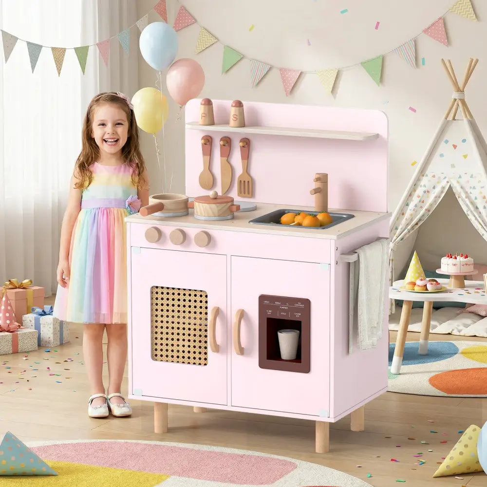 Wooden Pretend Kitchen Playset with Realistic Ice Maker-Pink - Pink - Play Kitchen Sets