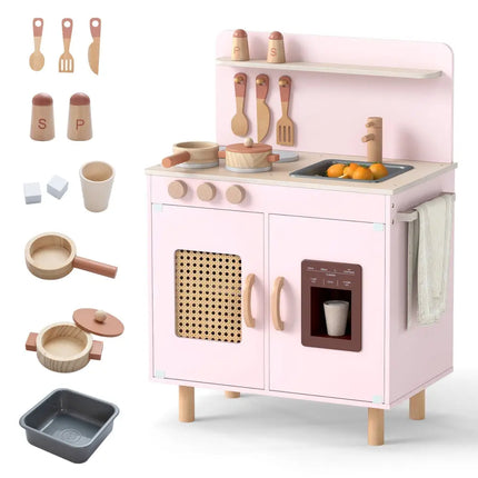 Wooden Pretend Kitchen Playset with Realistic Ice Maker - Pink - Oasis Home Essentials