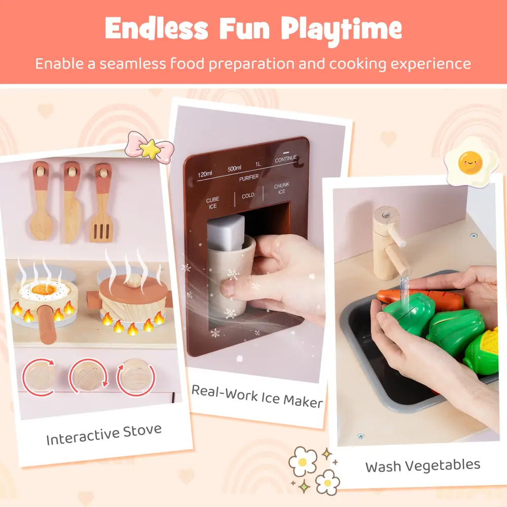 Wooden Pretend Kitchen Playset with Realistic Ice Maker-Pink - Pink - Play Kitchen Sets