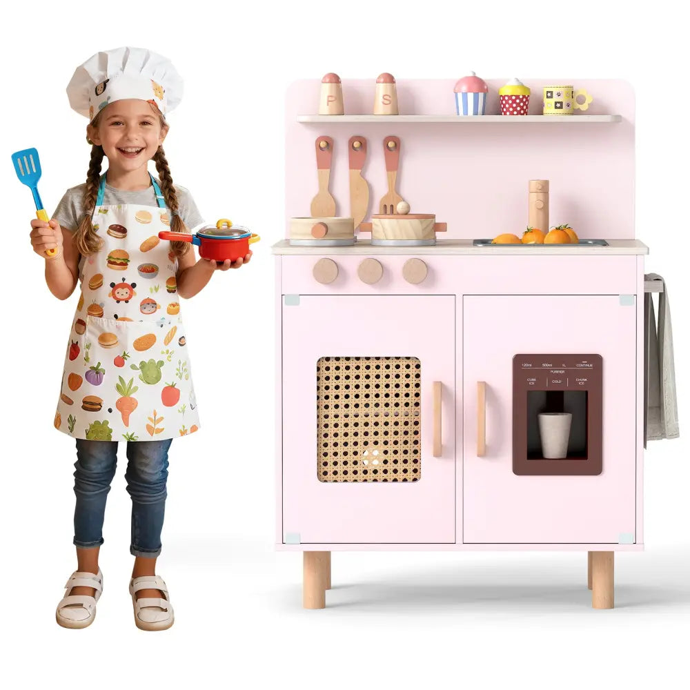 Wooden Pretend Kitchen Playset with Realistic Ice Maker-Pink - Pink - Play Kitchen Sets