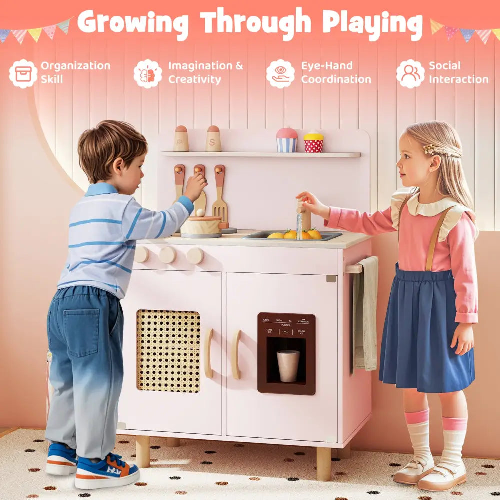 Wooden Pretend Kitchen Playset with Realistic Ice Maker-Pink - Pink - Play Kitchen Sets
