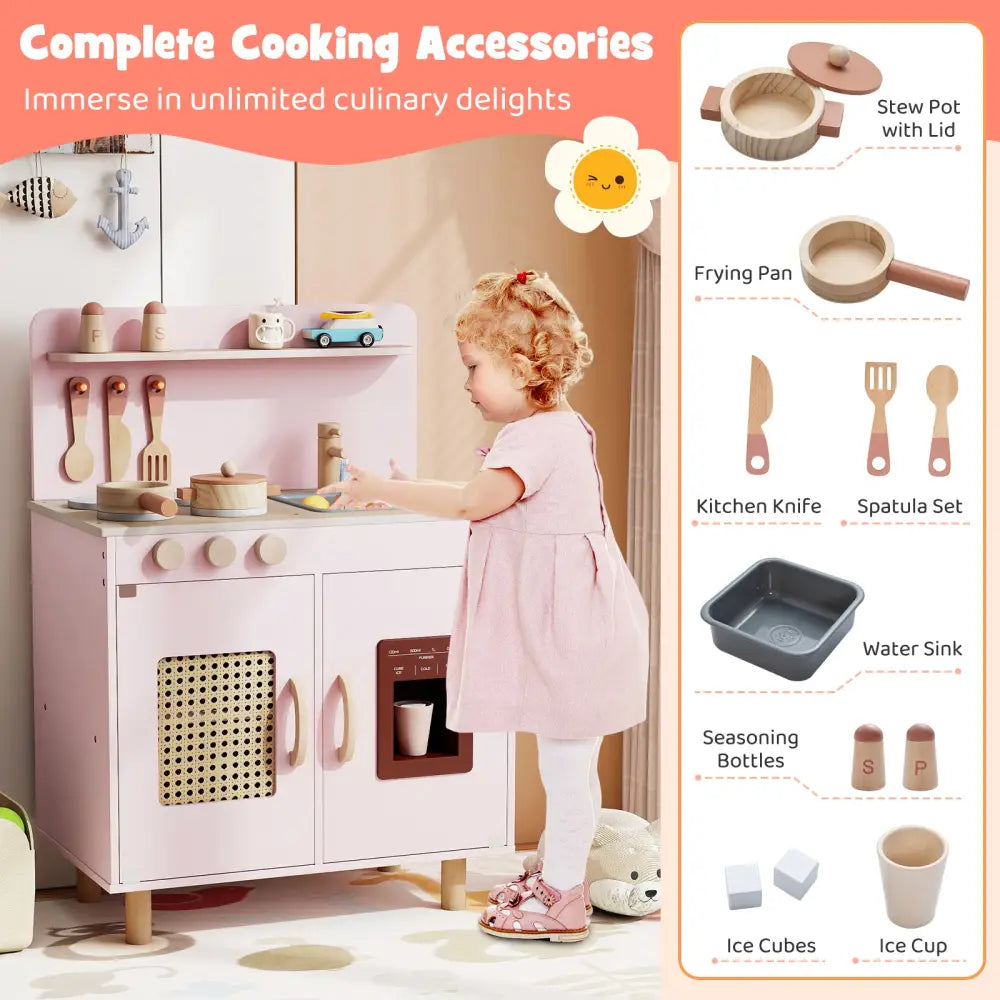 Wooden Pretend Kitchen Playset with Realistic Ice Maker-Pink - Pink - Play Kitchen Sets