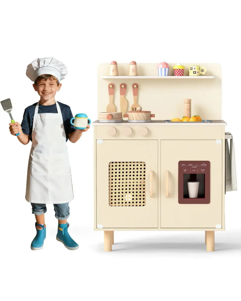 Wooden Pretend Kitchen Playset with Realistic Ice Maker-Yellow - Yellow - Play Kitchen Sets