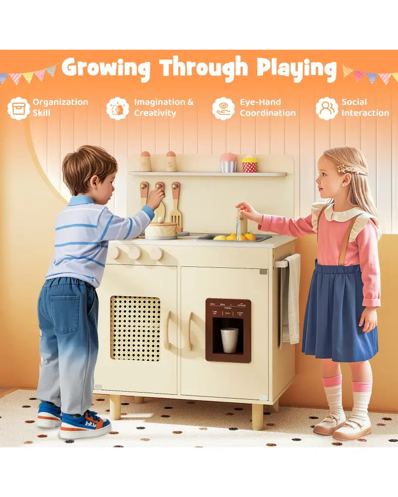 Wooden Pretend Kitchen Playset with Realistic Ice Maker-Yellow - Yellow - Play Kitchen Sets