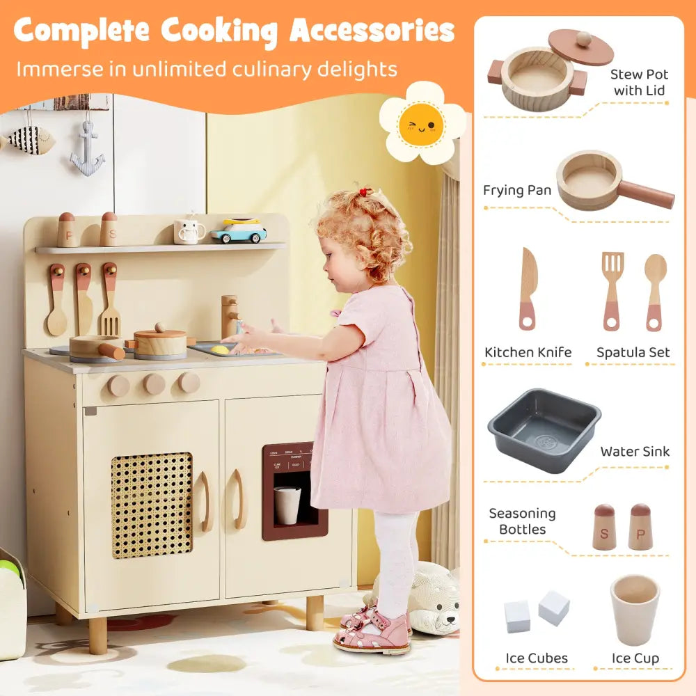 Wooden Pretend Kitchen Playset with Realistic Ice Maker-Yellow - Yellow - Play Kitchen Sets