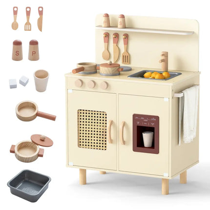 Wooden Pretend Kitchen Playset with Realistic Ice Maker - Yellow - Oasis Home Essentials