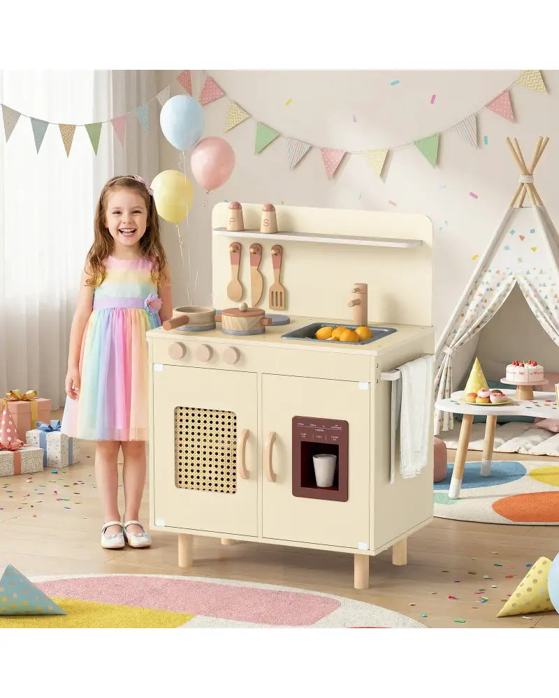 Wooden Pretend Kitchen Playset with Realistic Ice Maker-Yellow - Yellow - Play Kitchen Sets