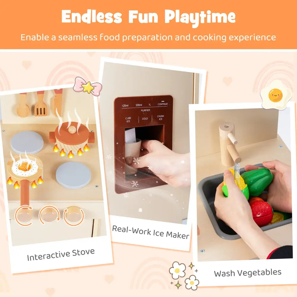 Wooden Pretend Kitchen Playset with Realistic Ice Maker-Yellow - Yellow - Play Kitchen Sets