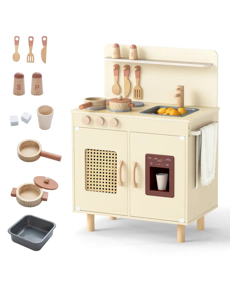 Wooden Pretend Kitchen Playset with Realistic Ice Maker-Yellow - Yellow - Play Kitchen Sets