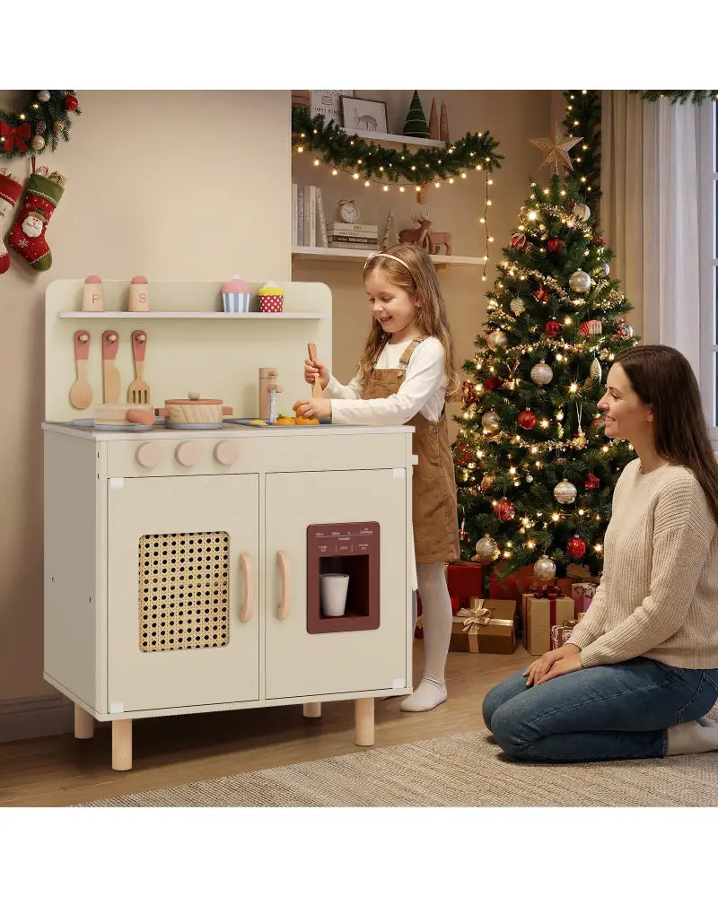 Wooden Pretend Kitchen Playset with Realistic Ice Maker-Yellow - Yellow - Play Kitchen Sets
