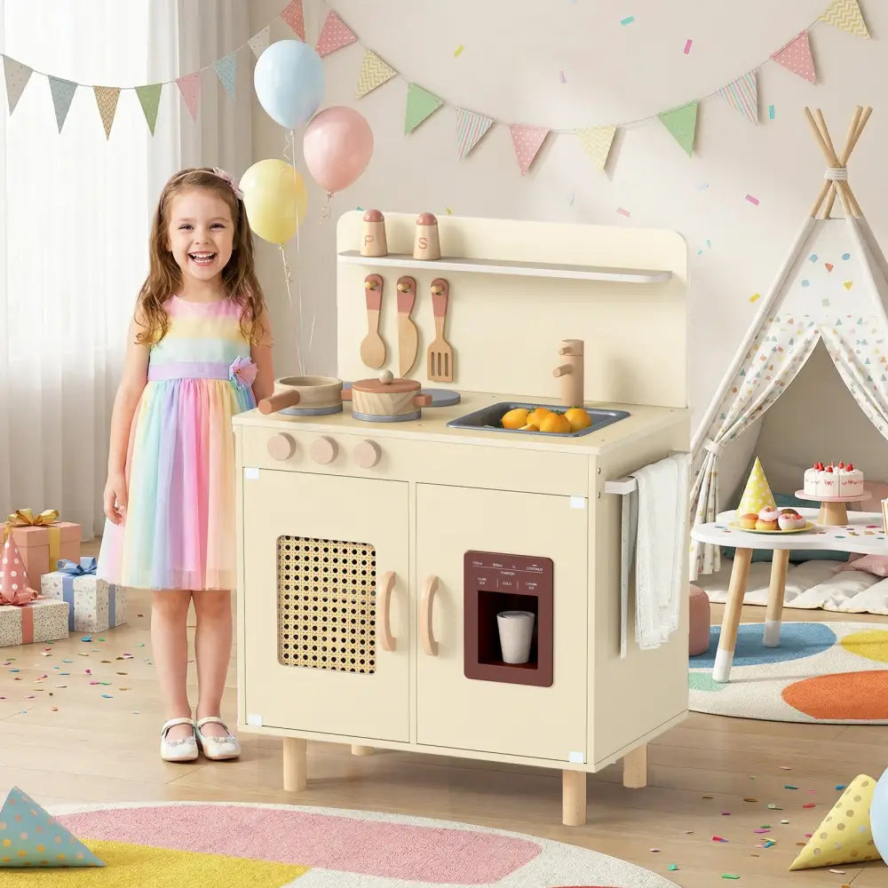 Wooden Pretend Kitchen Playset with Realistic Ice Maker-Yellow - Yellow - Play Kitchen Sets