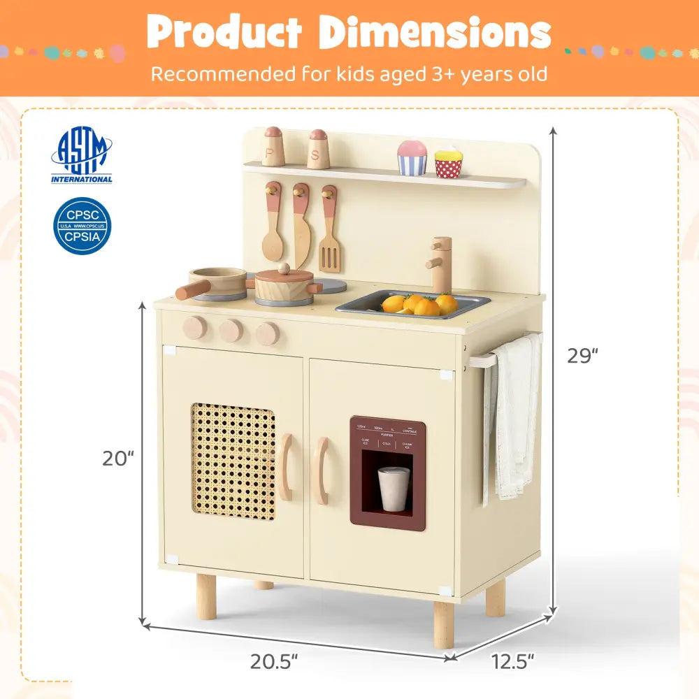 Wooden Pretend Kitchen Playset with Realistic Ice Maker-Yellow - Yellow - Play Kitchen Sets