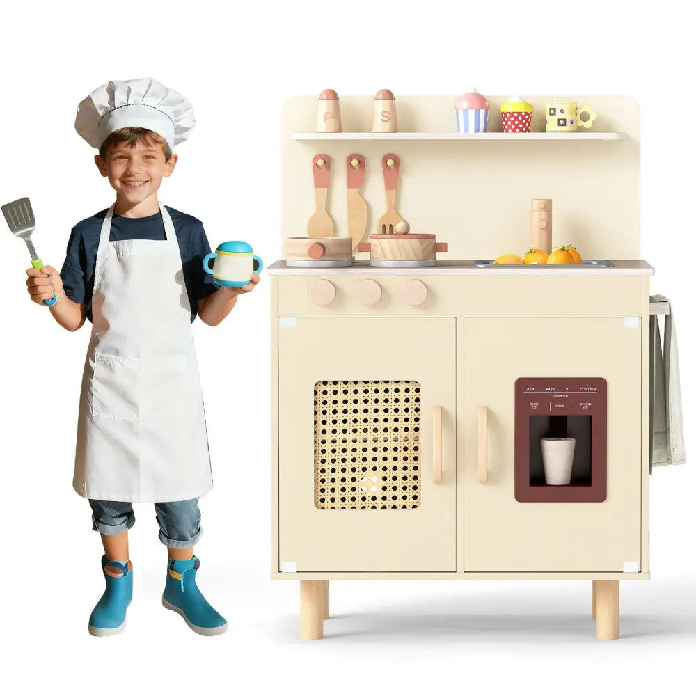 Wooden Pretend Kitchen Playset with Realistic Ice Maker-Yellow - Yellow - Play Kitchen Sets