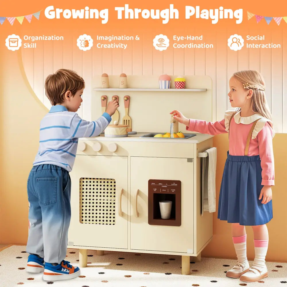 Wooden Pretend Kitchen Playset with Realistic Ice Maker-Yellow - Yellow - Play Kitchen Sets