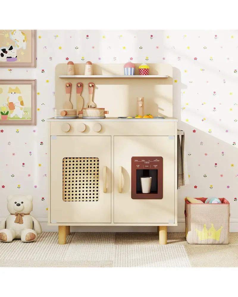 Wooden Pretend Kitchen Playset with Realistic Ice Maker-Yellow - Yellow - Play Kitchen Sets