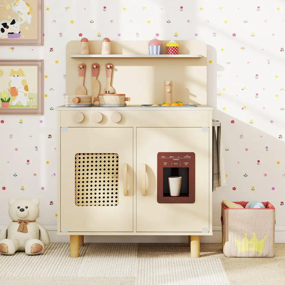 Wooden Pretend Kitchen Playset with Realistic Ice Maker-Yellow - Yellow - Play Kitchen Sets