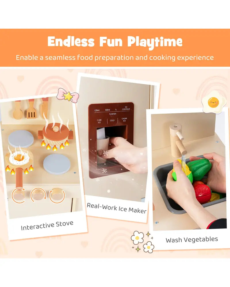 Wooden Pretend Kitchen Playset with Realistic Ice Maker-Yellow - Yellow - Play Kitchen Sets