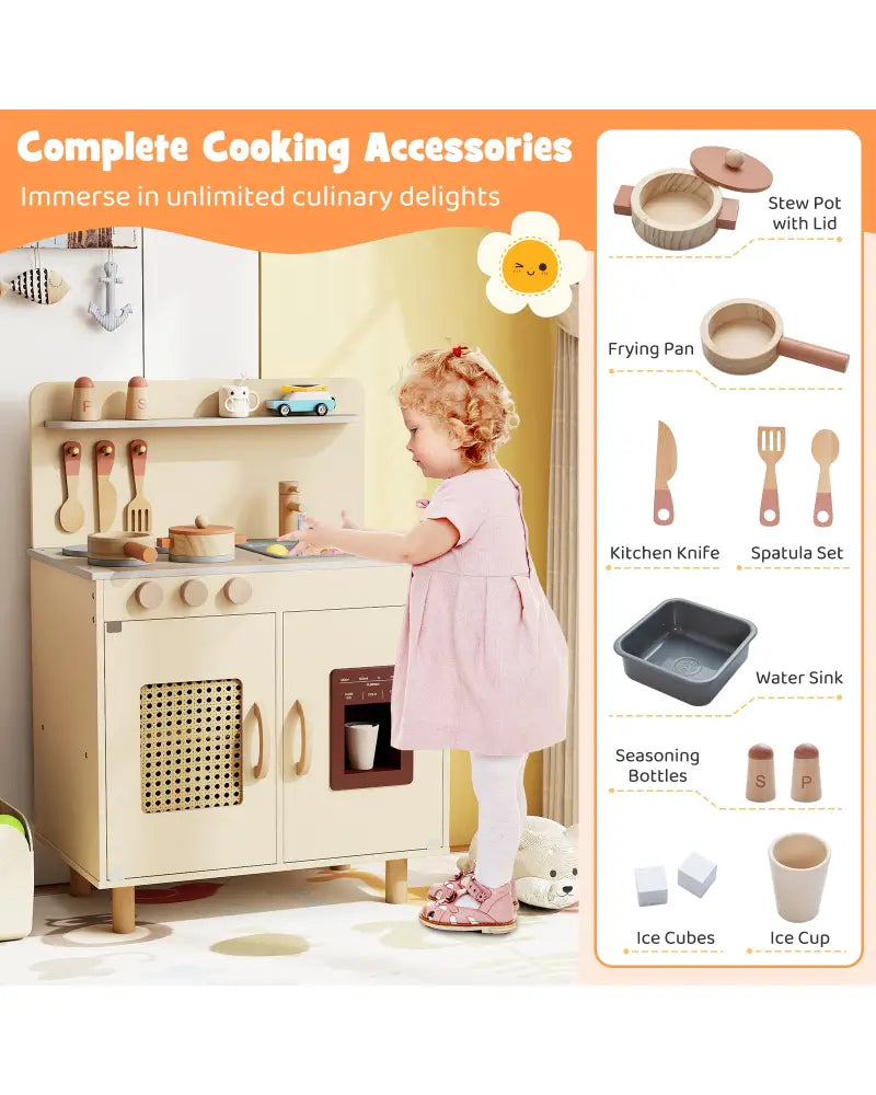Wooden Pretend Kitchen Playset with Realistic Ice Maker-Yellow - Yellow - Play Kitchen Sets