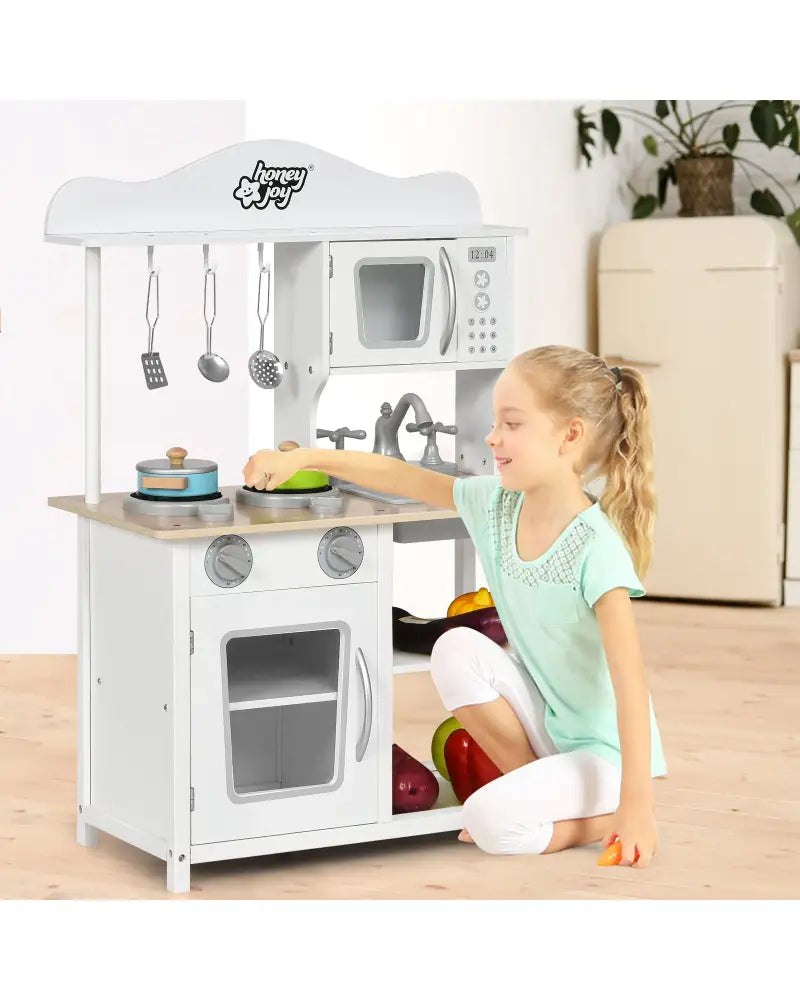 Wooden Pretend Play Kitchen Set for Kids with Accessories and Sink - White - Play Kitchen Sets