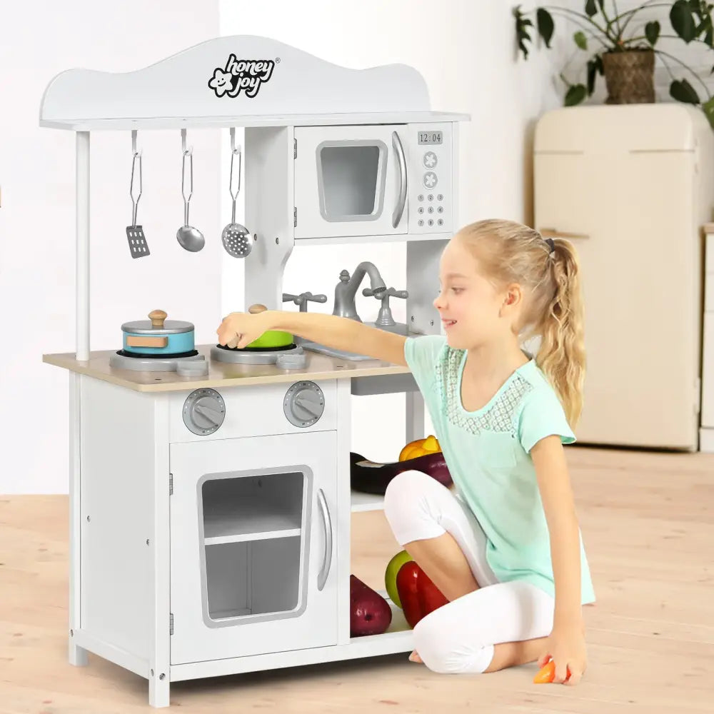 Wooden Pretend Play Kitchen Set for Kids with Accessories and Sink - White - Play Kitchen Sets
