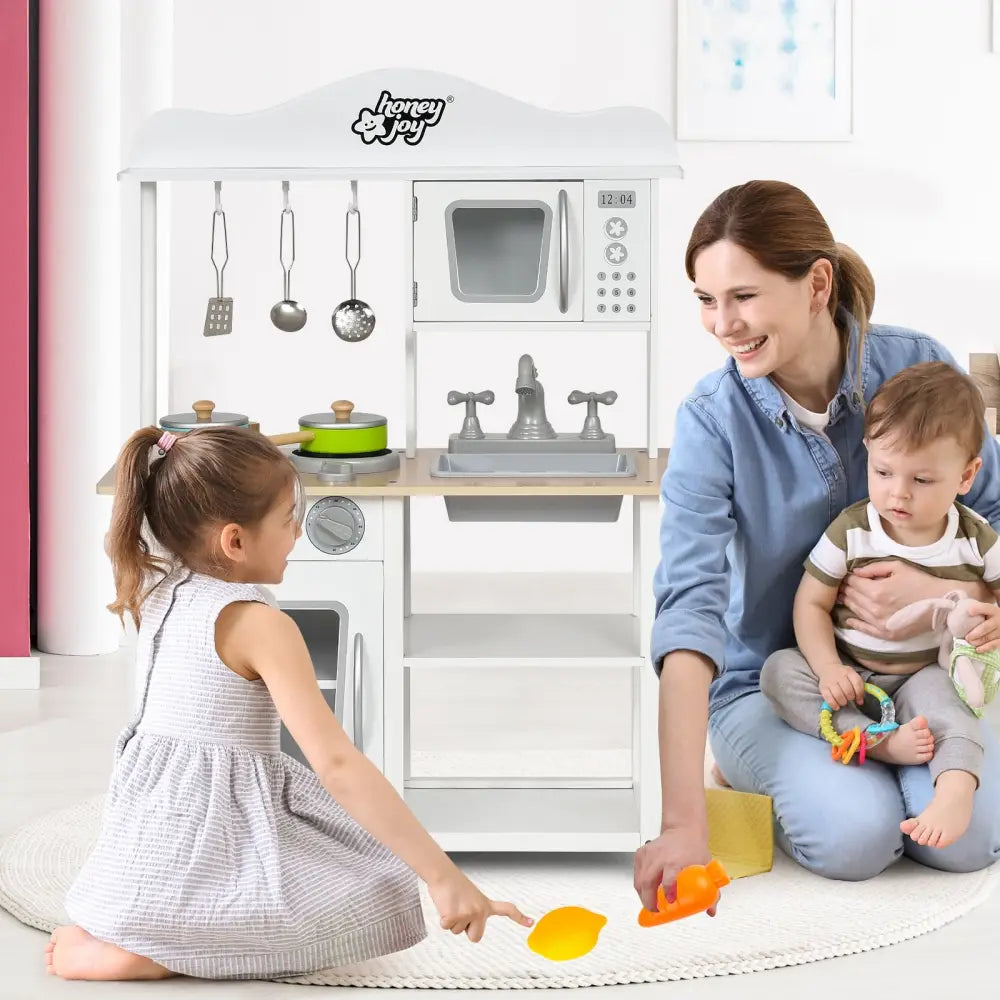 Wooden Pretend Play Kitchen Set for Kids with Accessories and Sink - White - Play Kitchen Sets