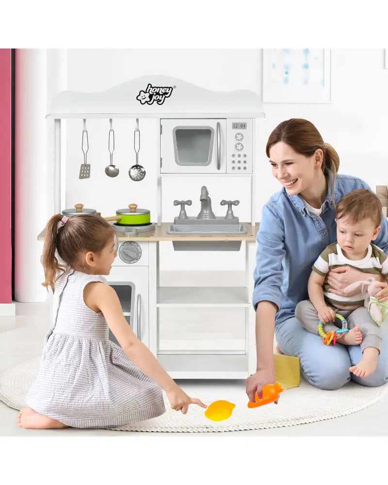 Wooden Pretend Play Kitchen Set for Kids with Accessories and Sink - White - Play Kitchen Sets