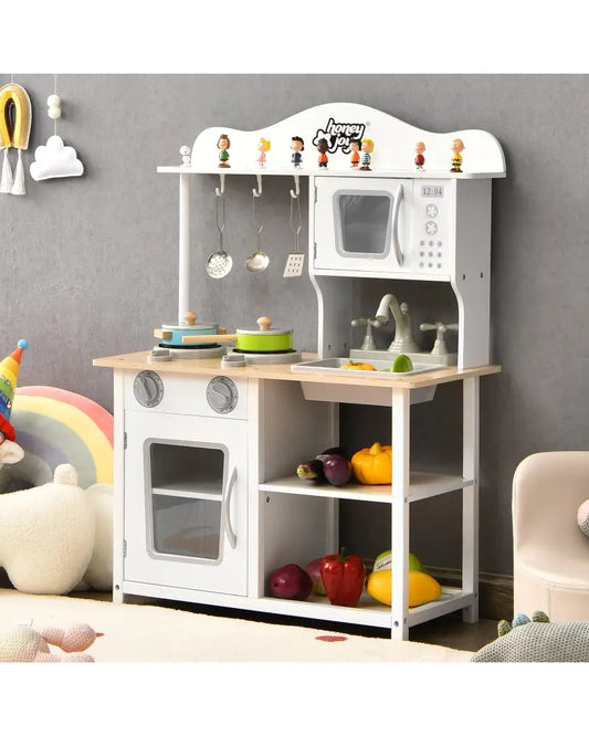 Wooden Pretend Play Kitchen Set for Kids with Accessories and Sink - White - Play Kitchen Sets
