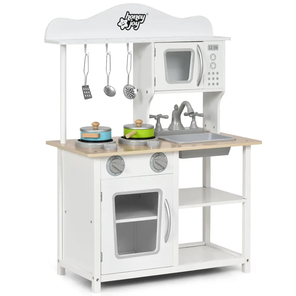 Wooden Pretend Play Kitchen Set for Kids with Accessories and Sink - White - Play Kitchen Sets