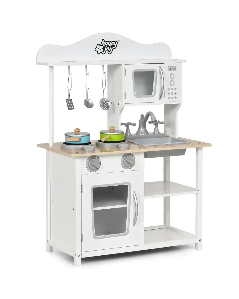 Wooden Pretend Play Kitchen Set for Kids with Accessories and Sink - White - Play Kitchen Sets